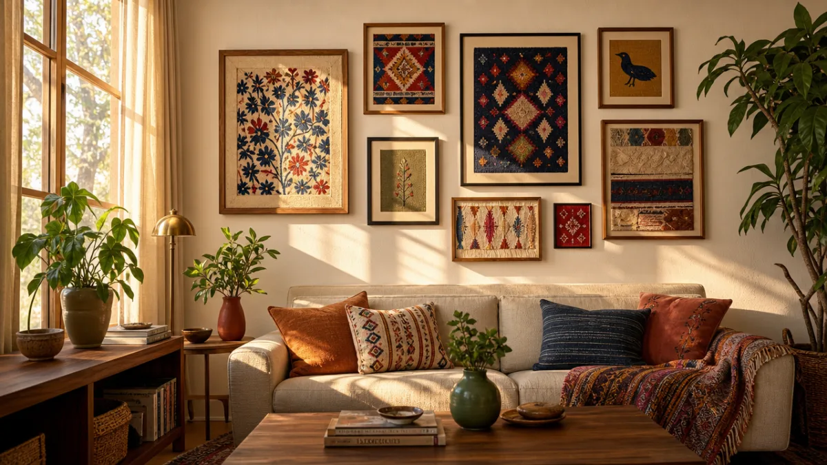 a cozy living room wall with colorful framed fabric art pieces arranged…