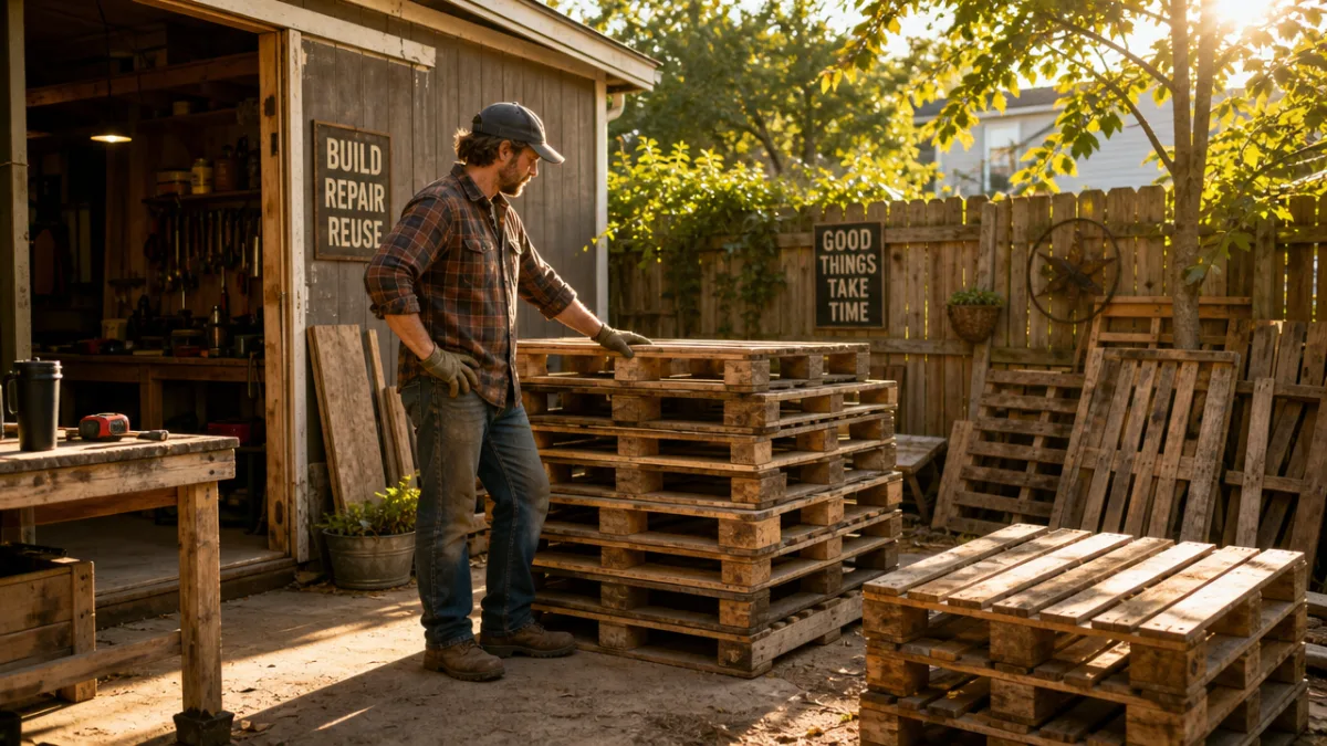 a sunlit backyard workshop with stacked wooden pallets being inspected, warm afternoon…