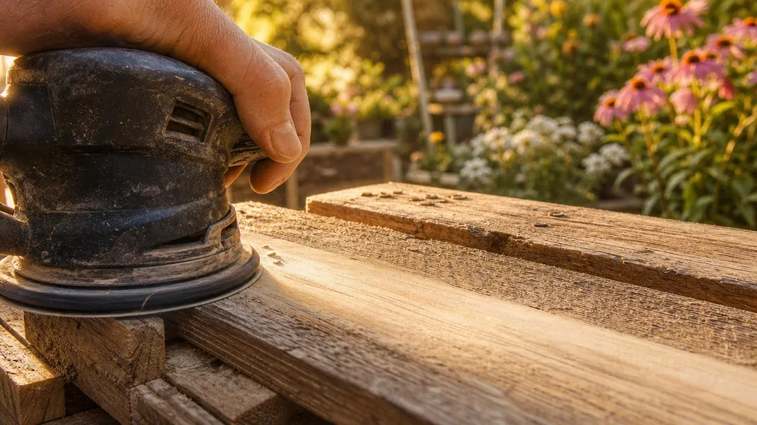 a close-up of rough pallet wood being sanded smooth in a garden…