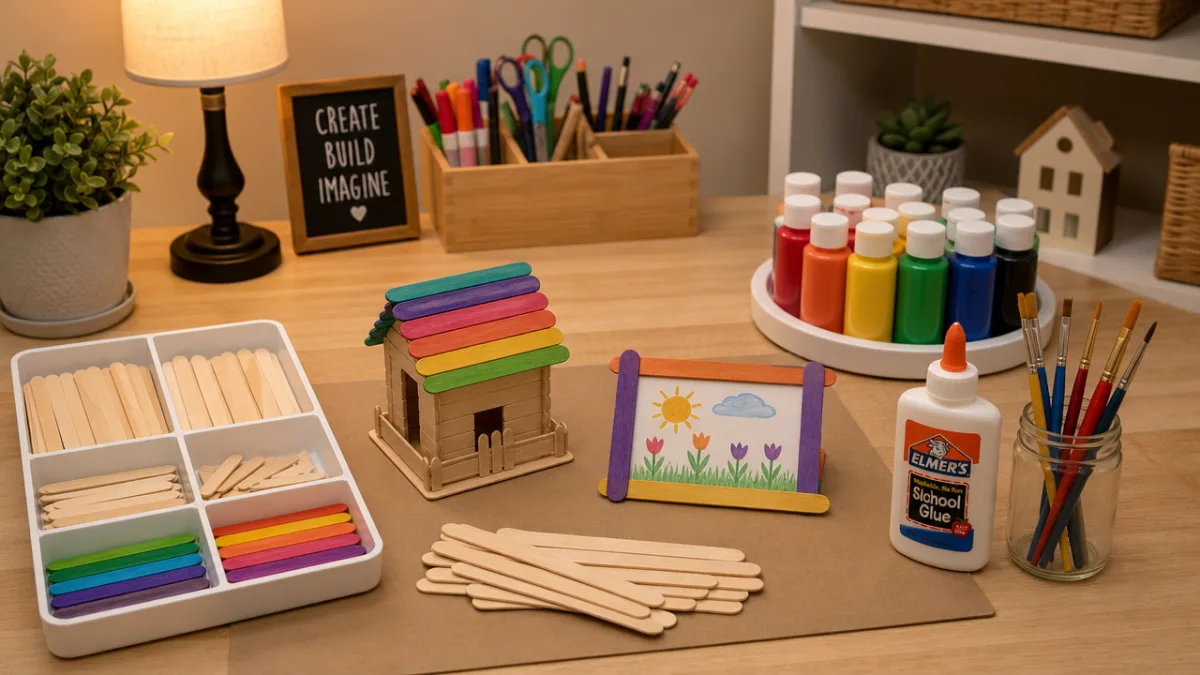 a neatly organized craft table with popsicle sticks, paints, and glue in…
