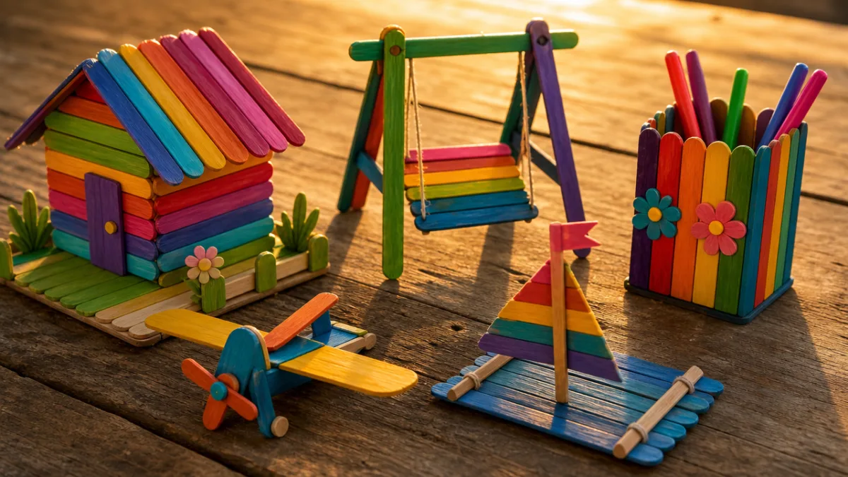 finished popsicle stick craft projects painted in vibrant colors arranged on a…