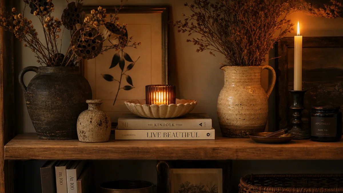 a styled shelf vignette with layered ceramics, dried botanicals, and glowing candles…