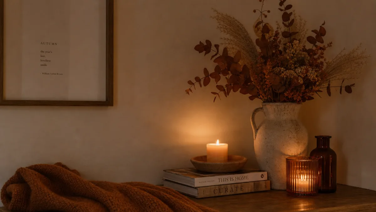 a serene minimal candle corner refreshed for autumn with warm amber tones,…