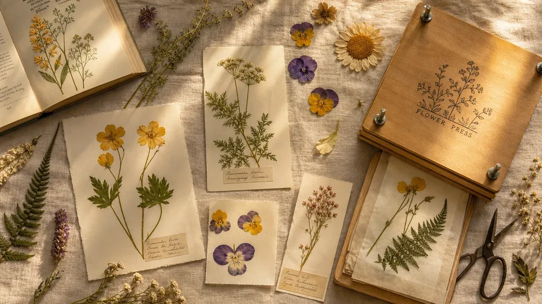 an overhead flat lay of pressed flowers, botanical specimens, and a wooden…