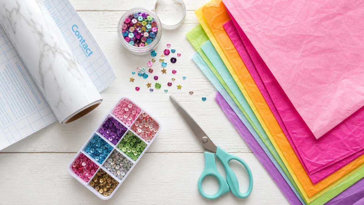 a flat lay of craft supplies including contact paper, colorful tissue paper,…