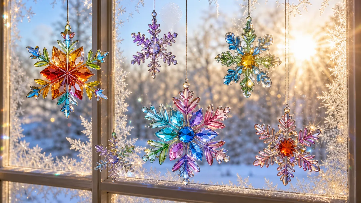 colorful snowflake suncatchers hanging in a frosty window with winter sunshine streaming…