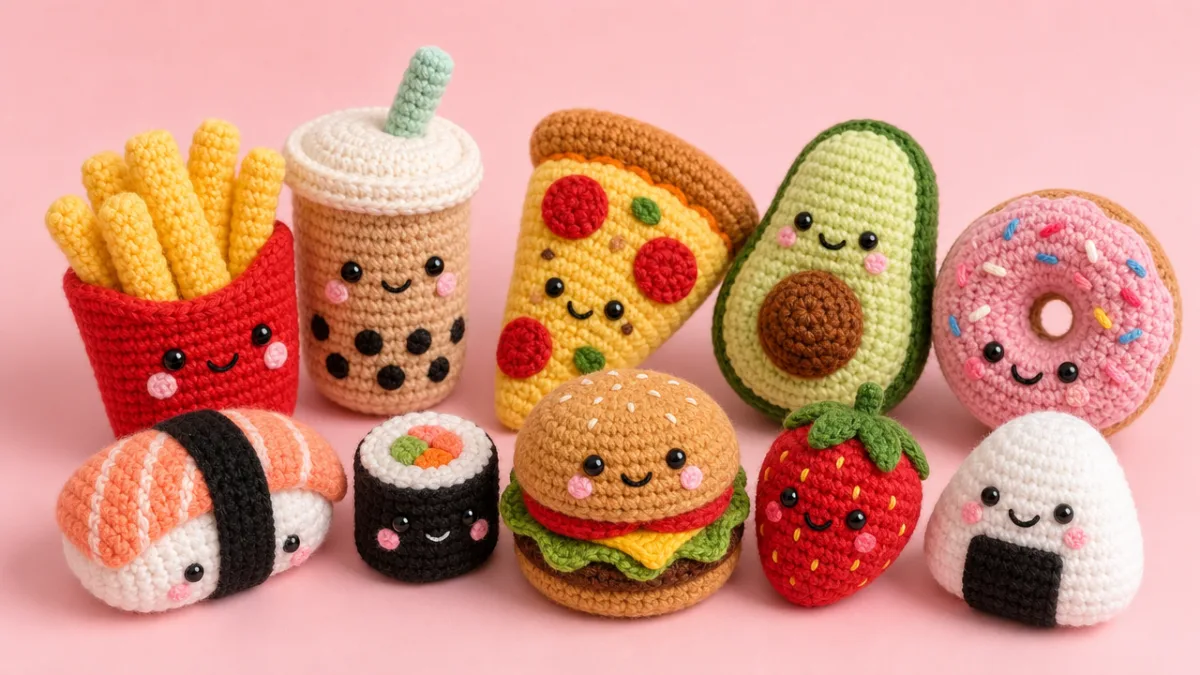a collection of colorful amigurumi food crochet toys arranged on a pastel…
