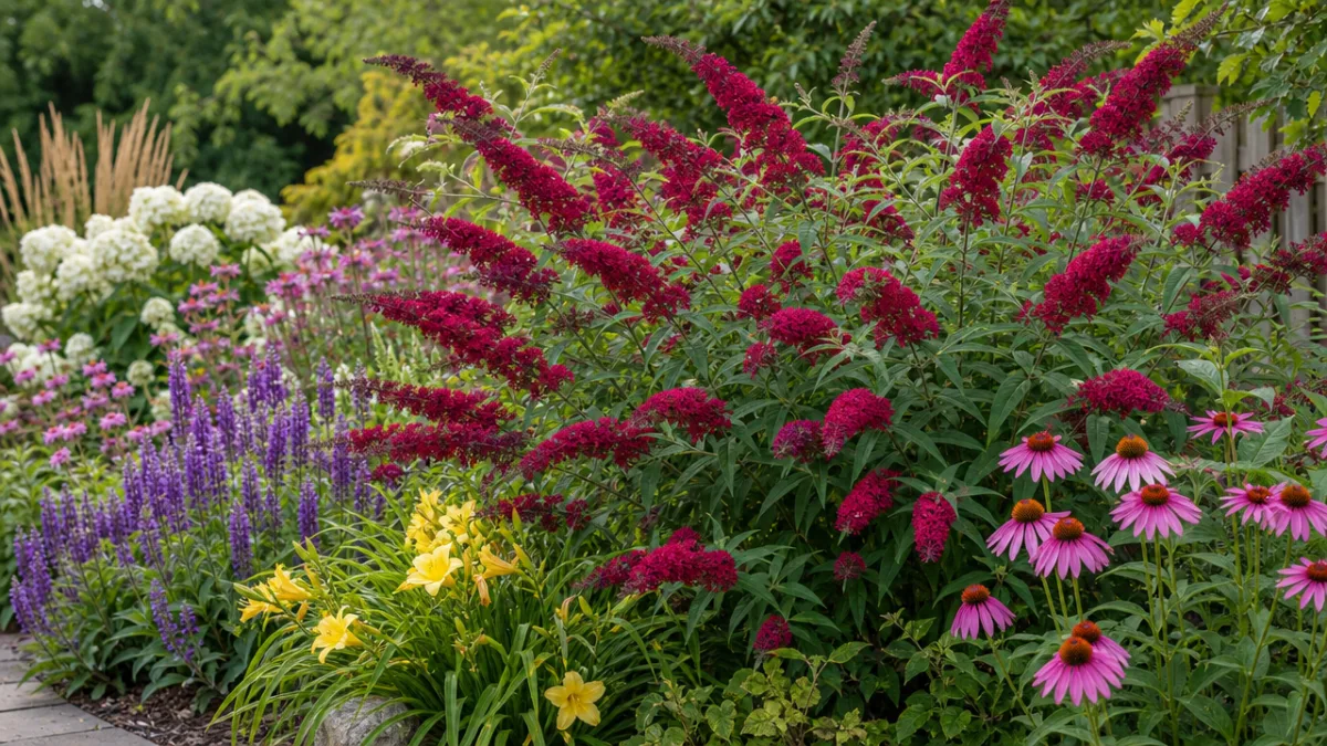 a lush garden border featuring a blooming crimson butterfly bush surrounded by…