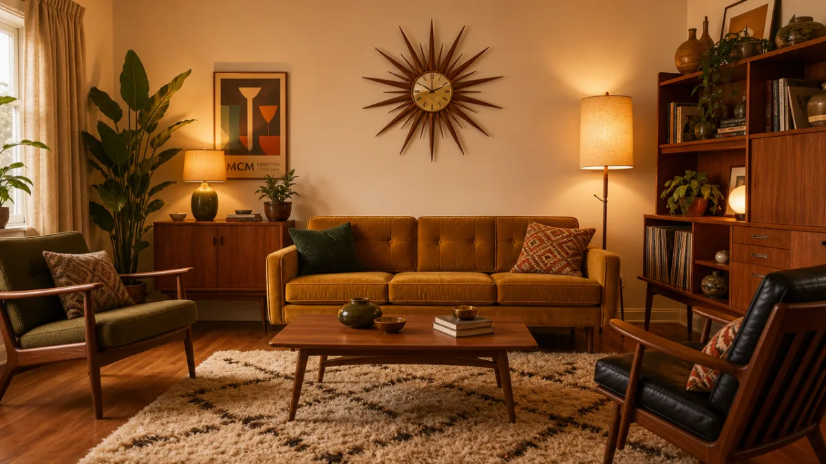 a cozy mid century modern living room with warm amber lighting, teak…