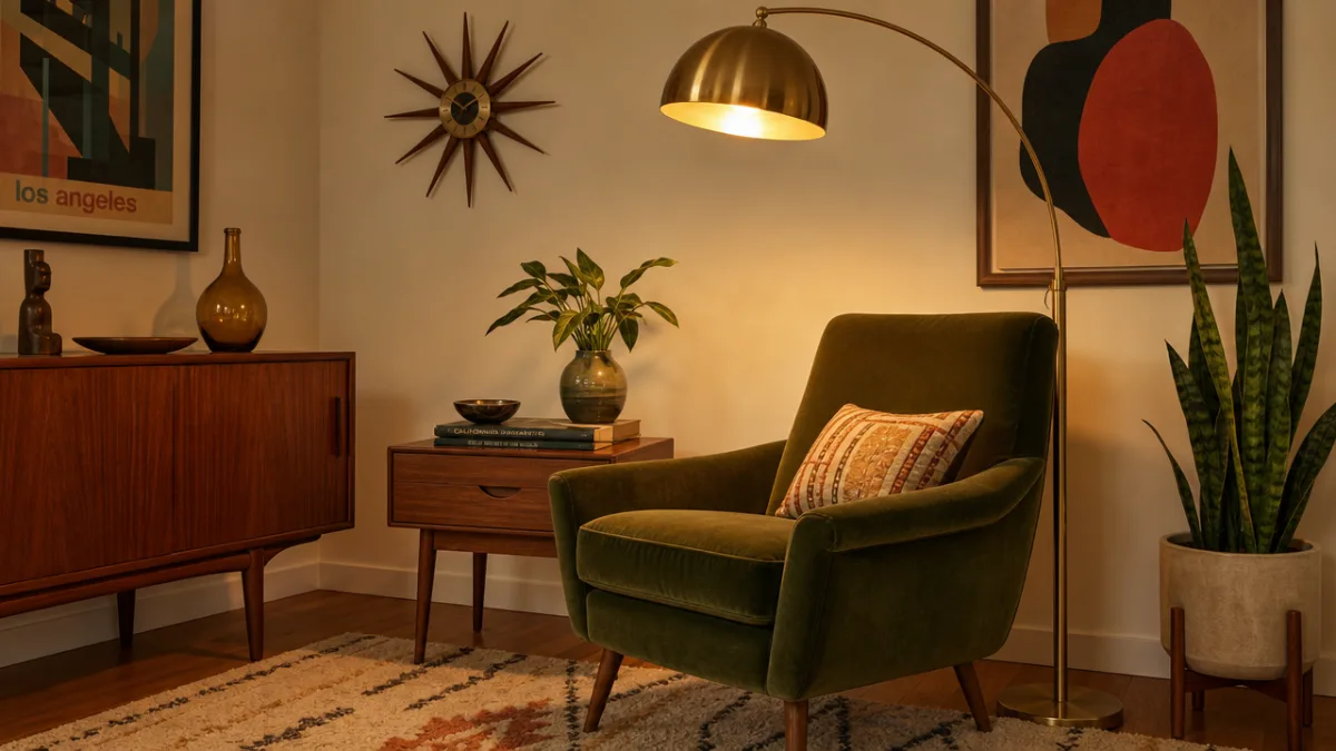 a warm mid century modern living room corner with a brass arc…