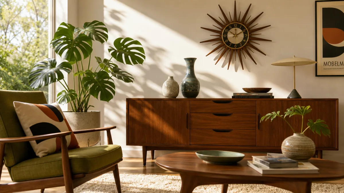a stylish mid century modern living room vignette with a sunburst clock,…