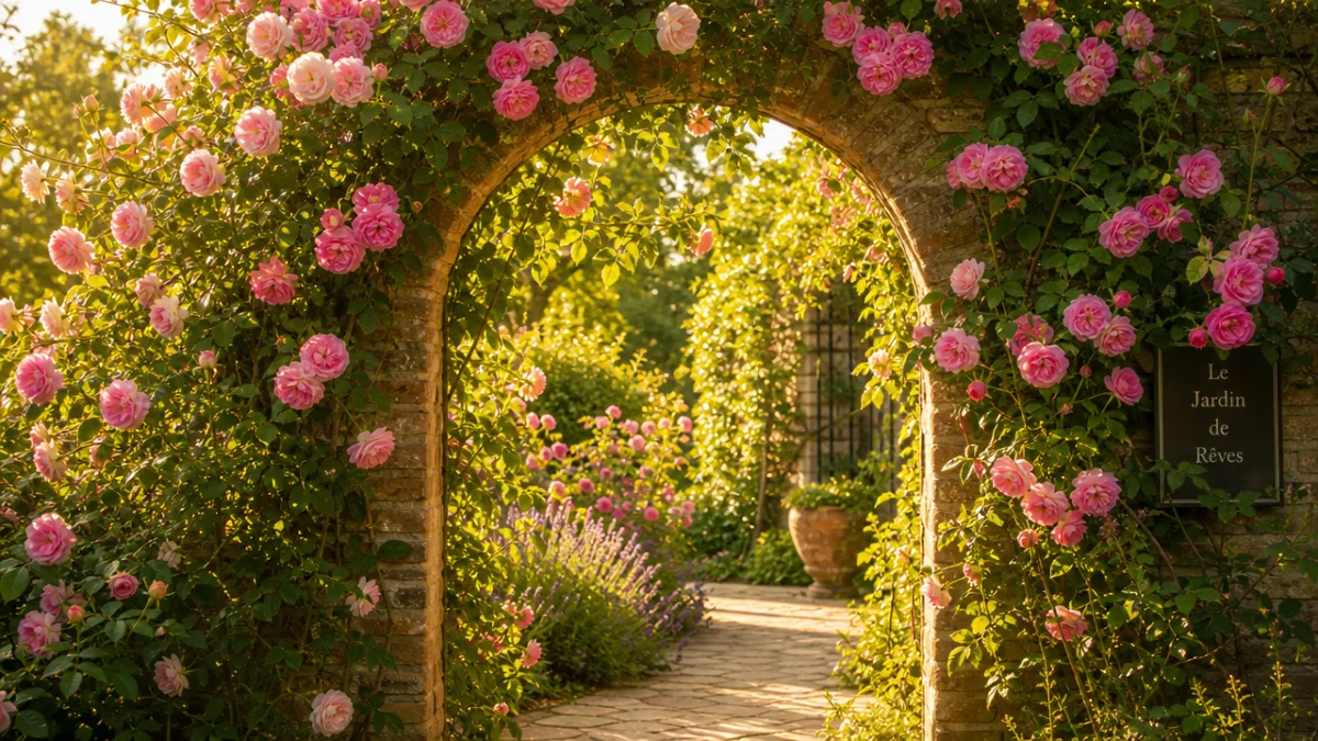 a sunlit garden archway covered in climbing roses in full bloom, warm…