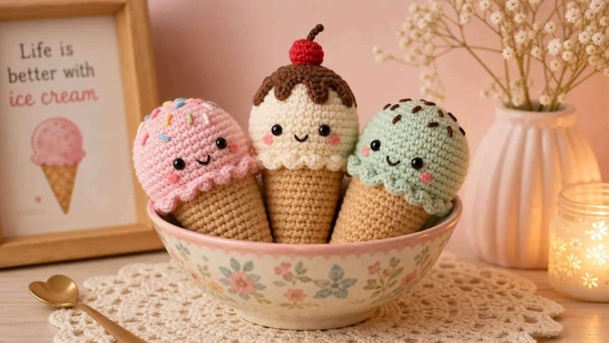 a charming styled vignette of amigurumi ice cream cones in a small…