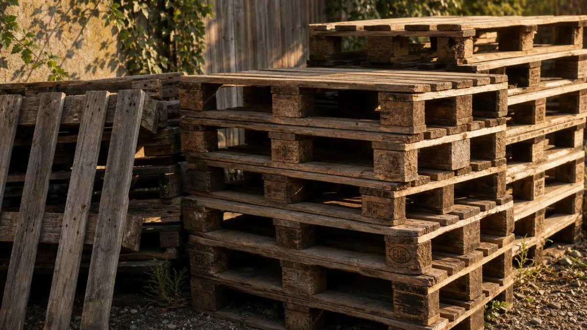 a collection of weathered wooden pallets stacked outdoors in warm afternoon sunlight,…