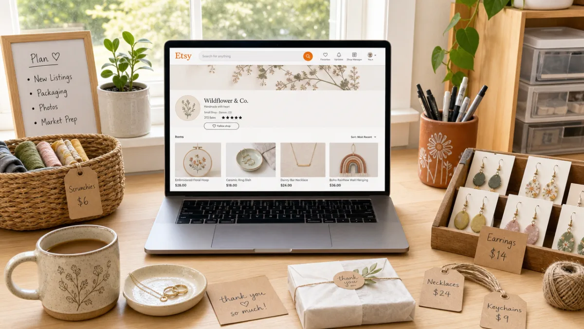 an organized craft workspace with pricing tags, handmade goods, and a laptop…