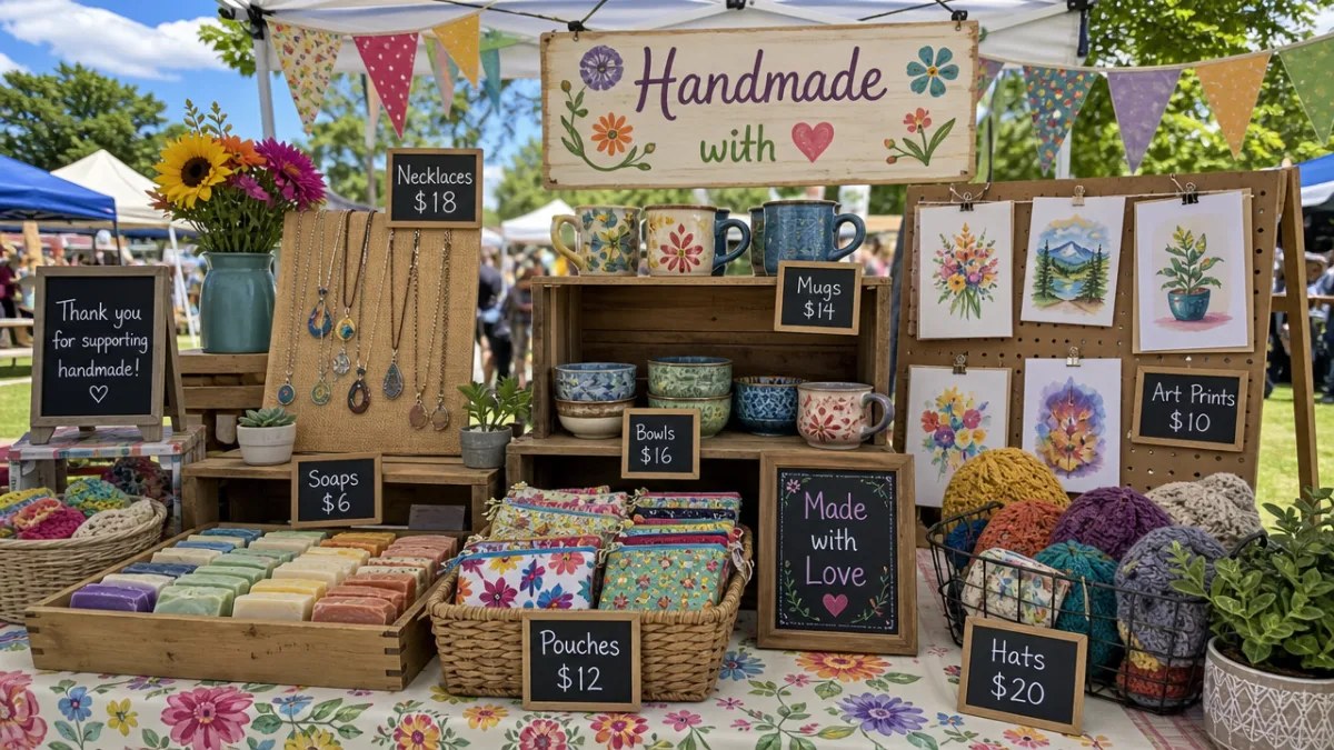 a cheerful craft fair booth displaying colorful handmade goods with price tags,…