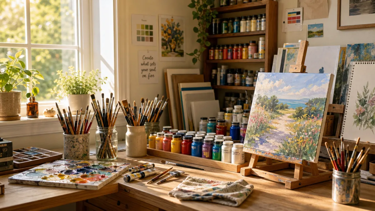 a well-organized art supply table covered with colorful paints, brushes, and canvases,…