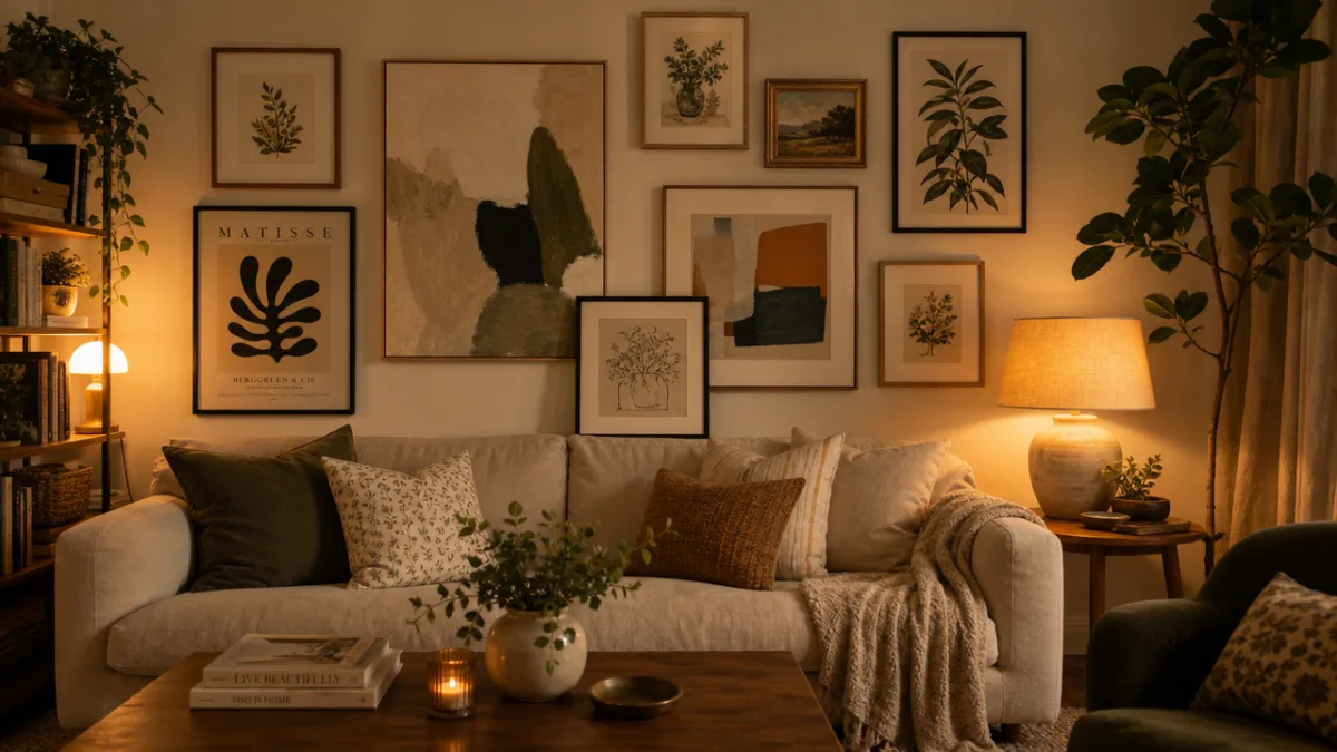 a cozy living room gallery wall featuring a mix of abstract paintings…