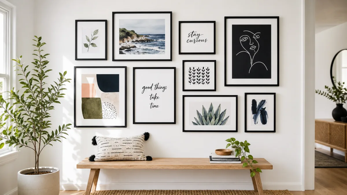 a beautifully arranged gallery wall with framed DIY artworks in matching black…