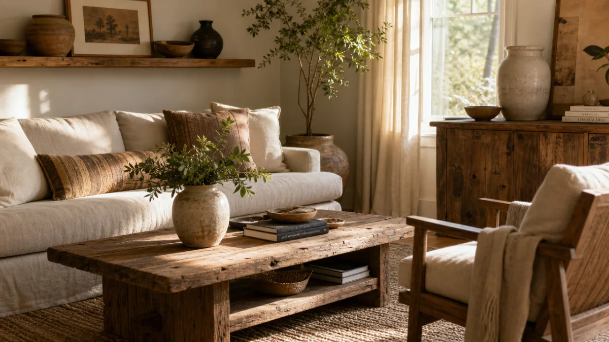a warm living room with reclaimed wood furniture, linen textiles, and ceramic…