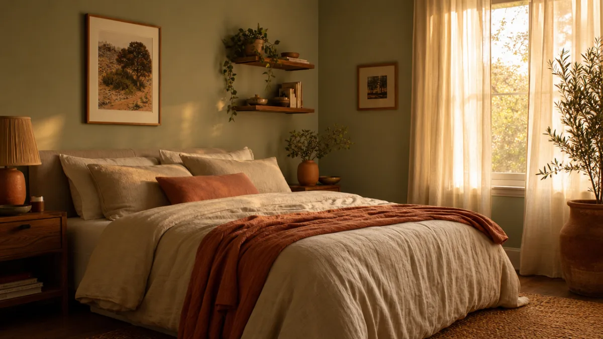 a serene bedroom with sage green walls, linen bedding, terracotta accents, and…