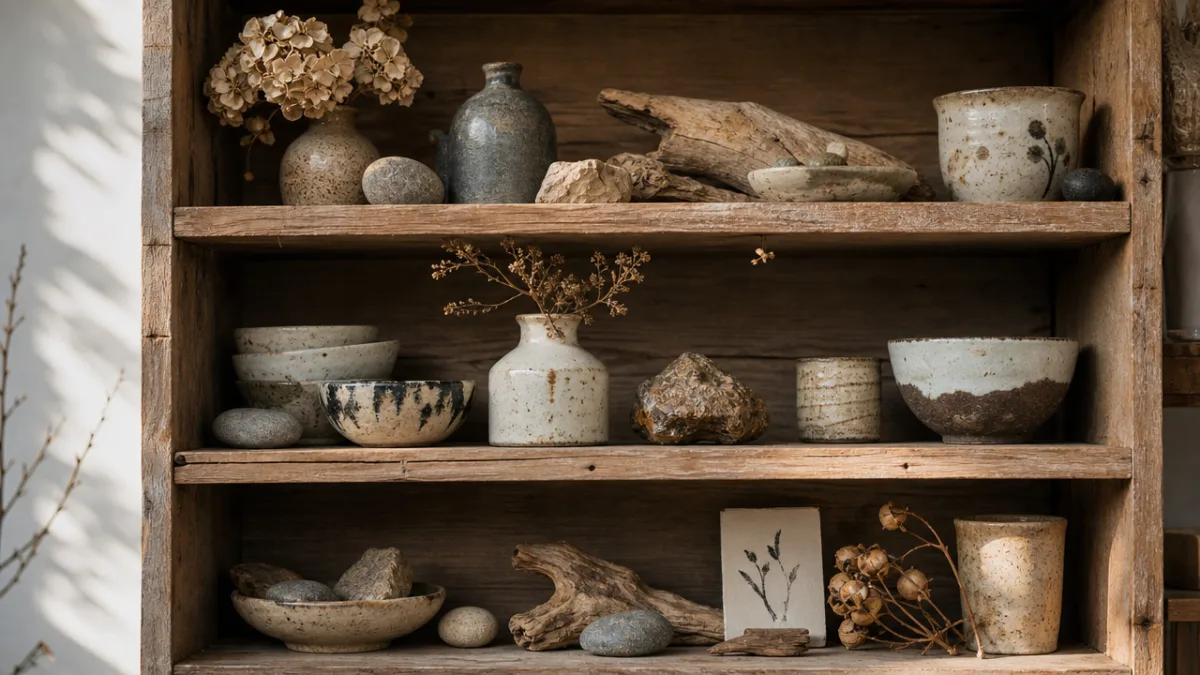 a rustic wooden shelf displaying handmade ceramics, found stones, dried botanicals, and…