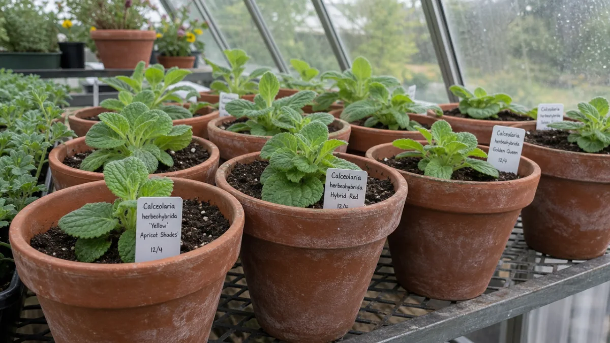 terracotta pots of Calceolaria seedlings on a greenhouse bench, cool diffused daylight…