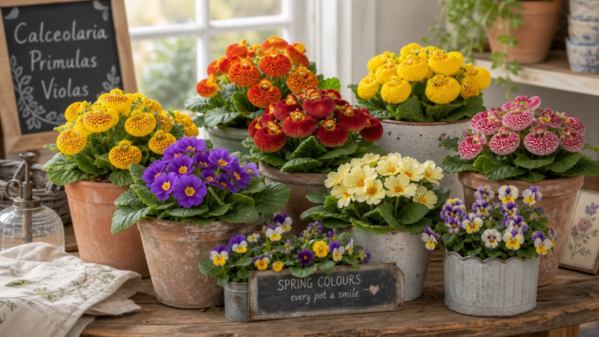 a styled indoor display of mixed Calceolaria pots with primulas and violas…