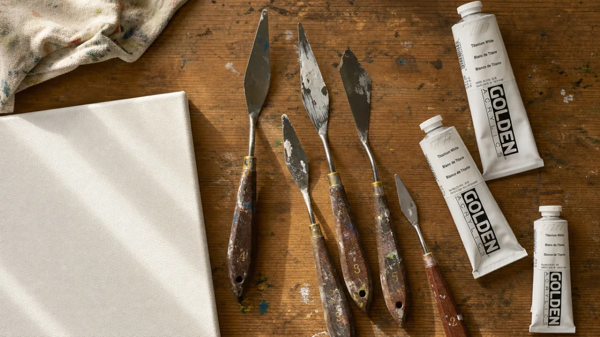 a flat lay of palette knives, white acrylic paint tubes, and canvas…