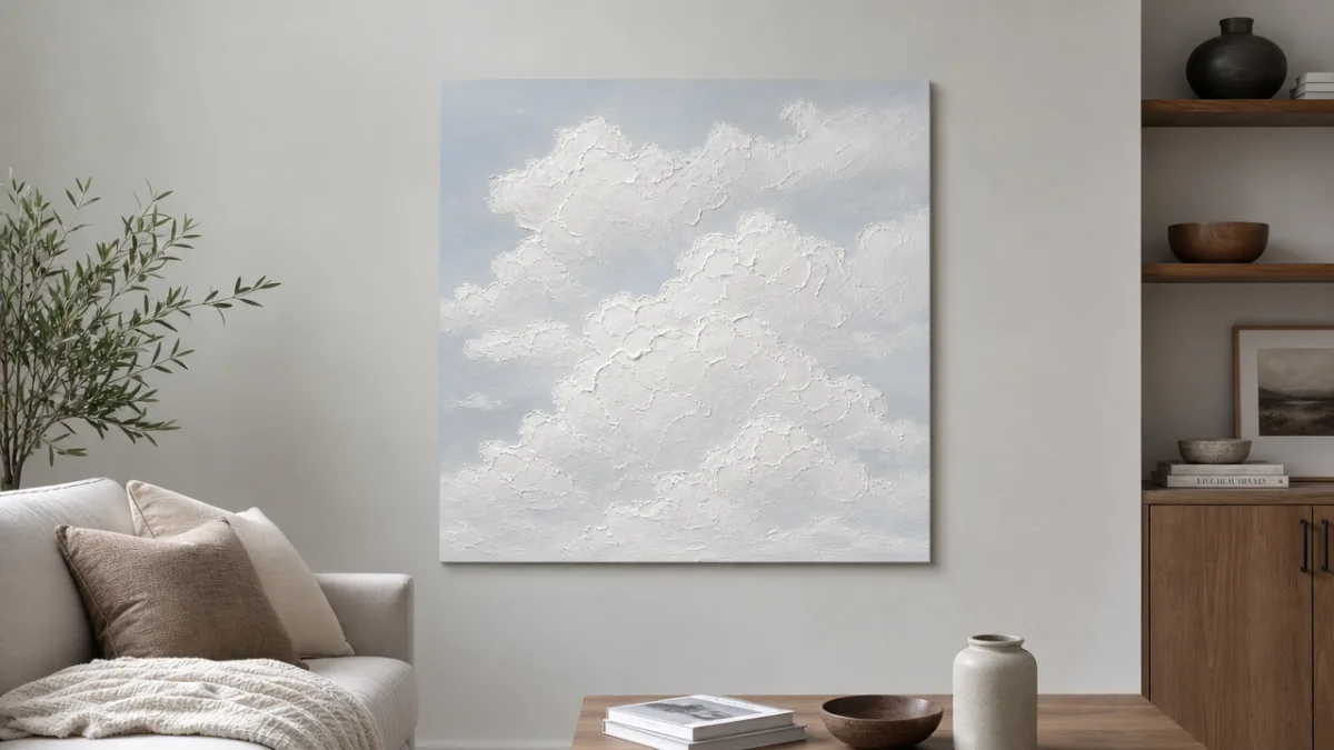 a finished 3D textured white cloud painting hanging on a light gray…
