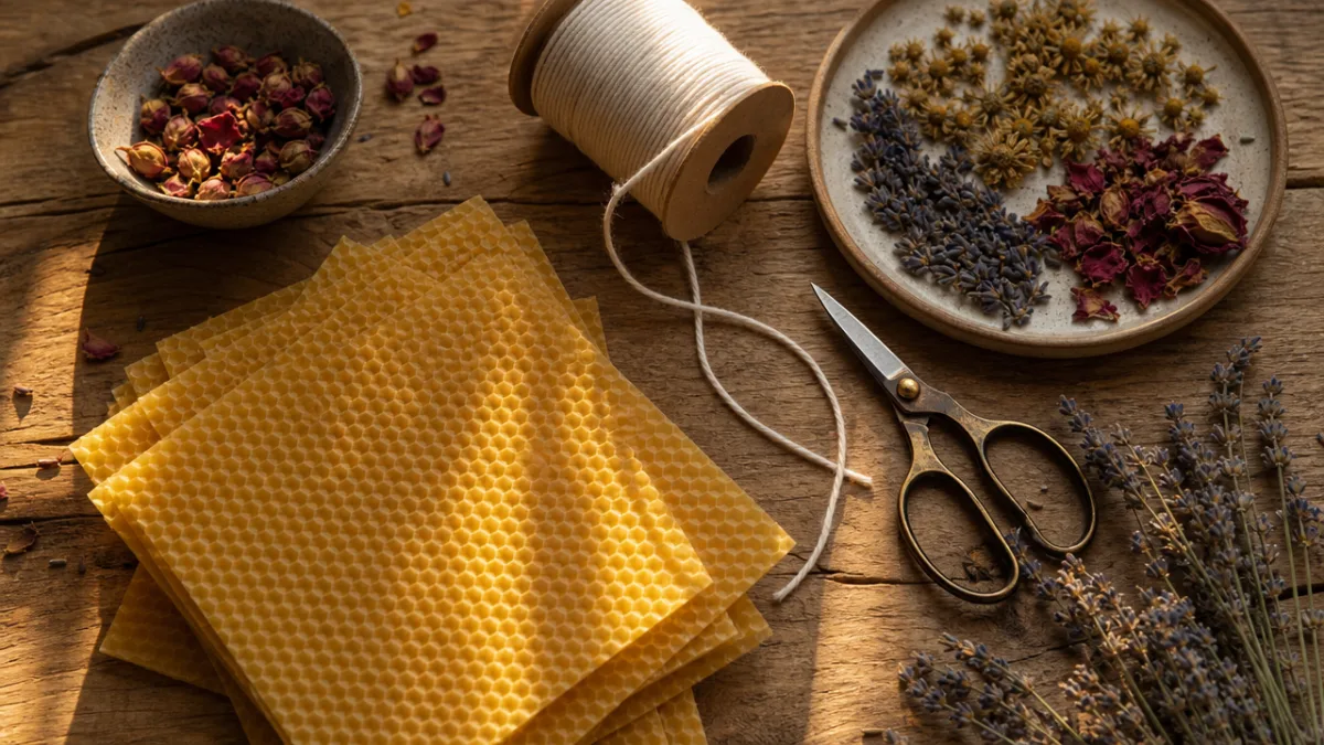 a flat lay of beeswax sheets, cotton wicks, scissors and dried botanicals…