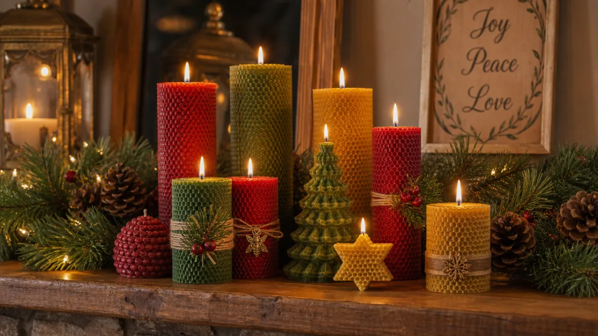 a festive arrangement of handmade beeswax candles in red, green and gold…