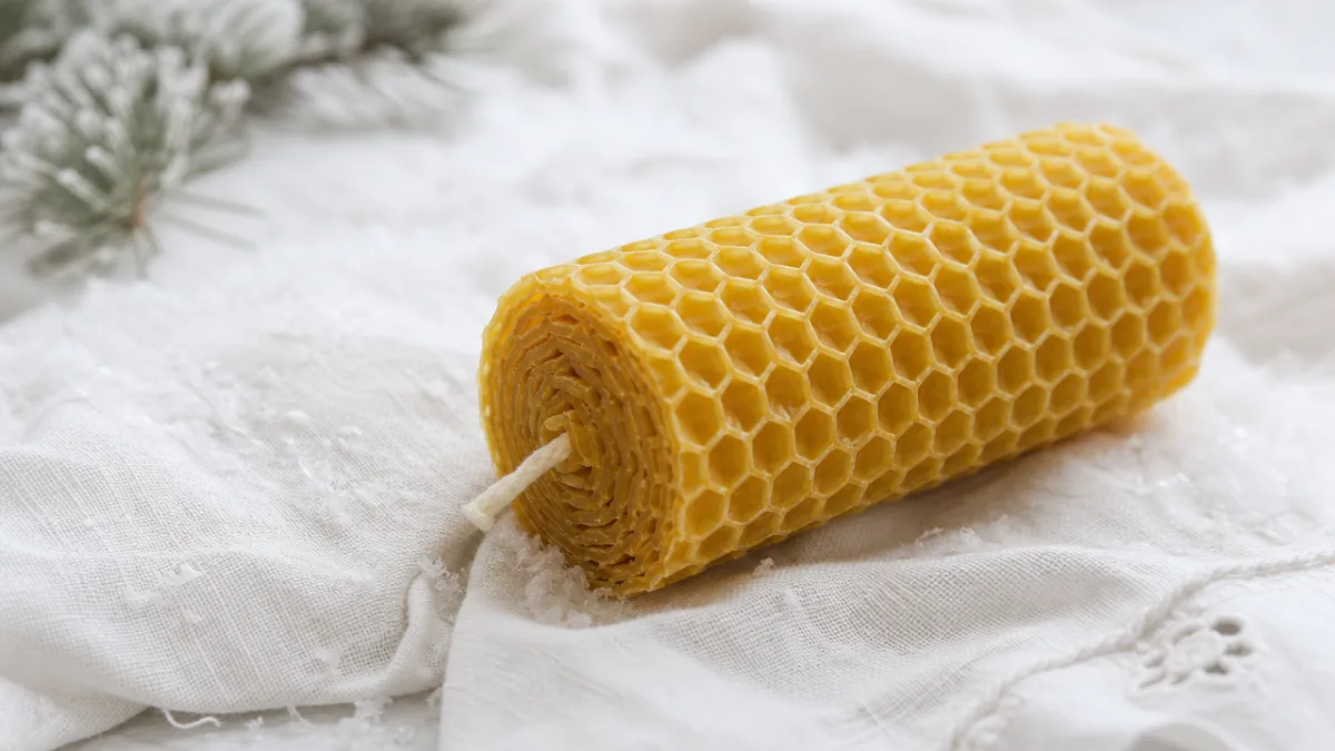 close-up of a hand-rolled beeswax candle with honeycomb texture detail on a…