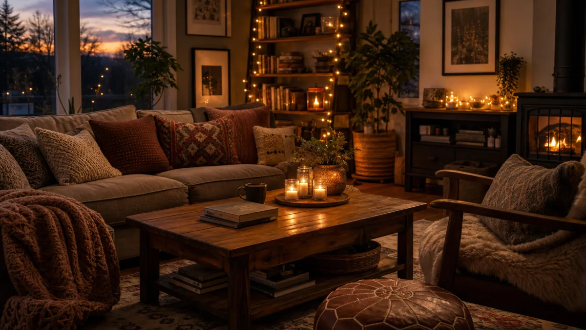 a cozy living room at dusk with layered textiles, glowing candles and…
