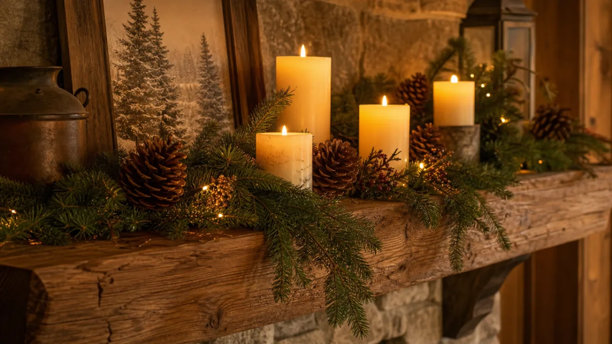 a rustic wooden mantelpiece adorned with pinecones, fresh evergreen sprigs, and flickering…
