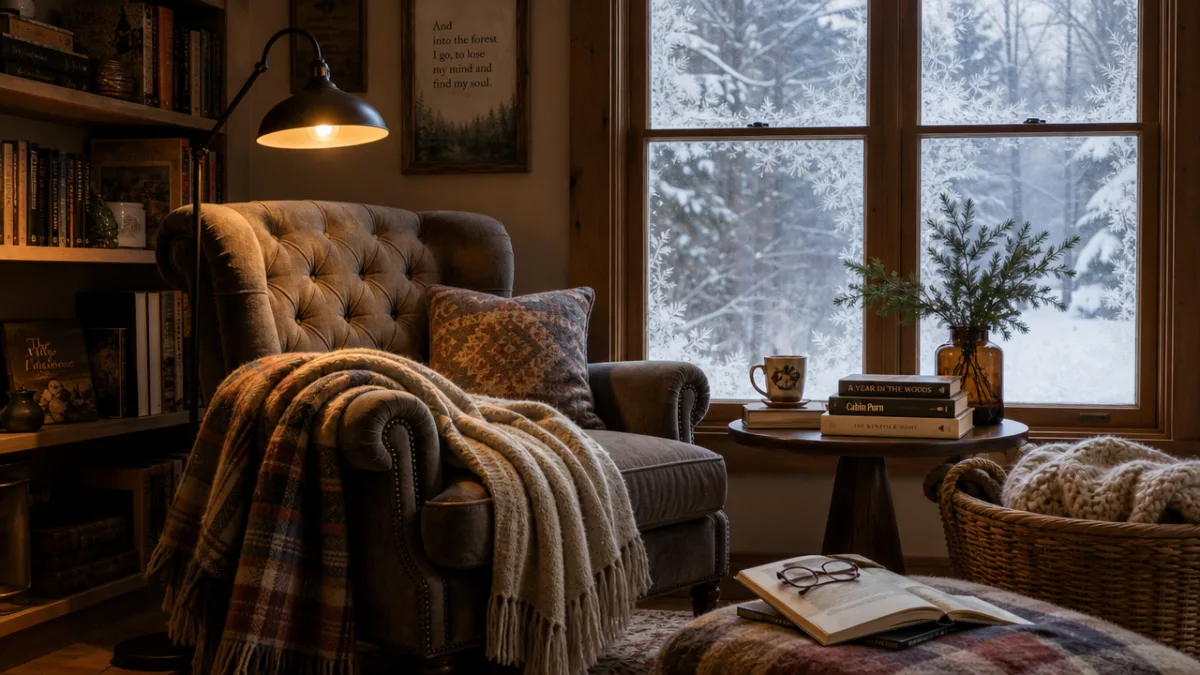 a snug reading nook with a tufted armchair, layered wool throws, a…