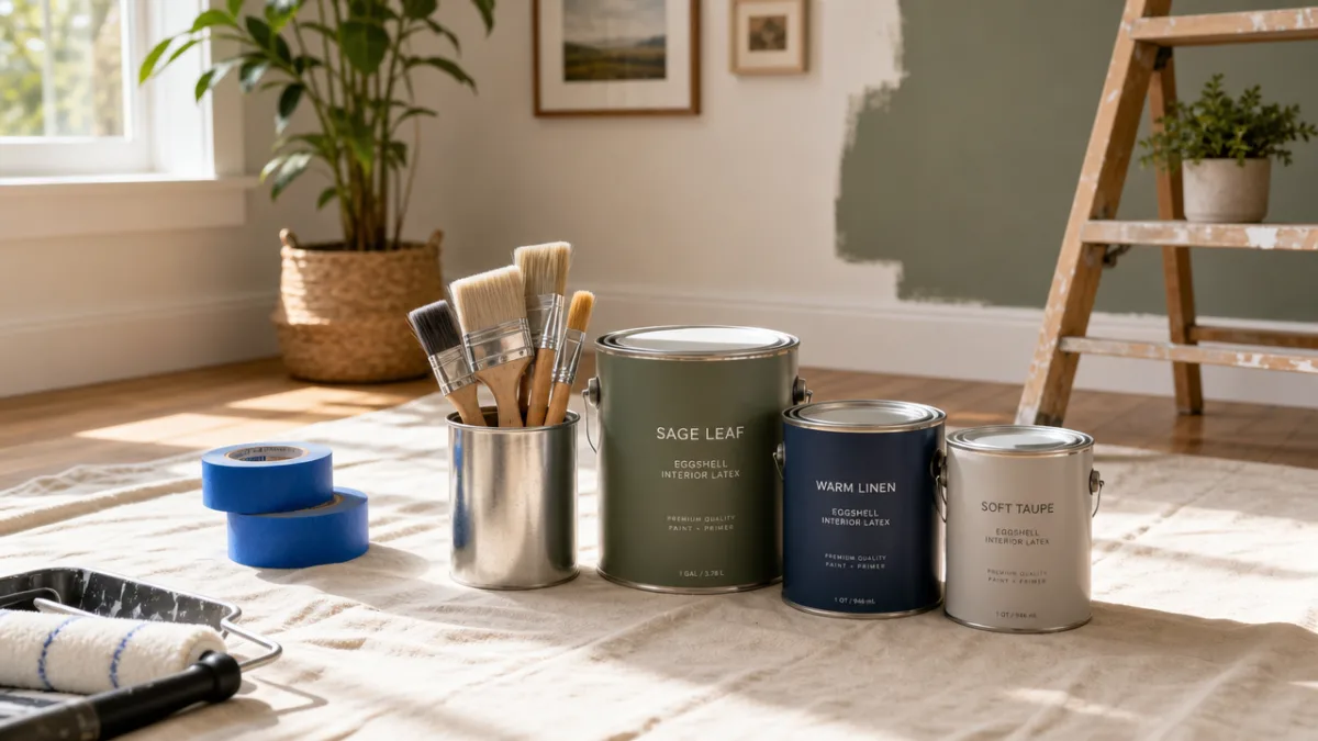 a well-lit home interior workspace with painter's tape, brushes, and paint cans…