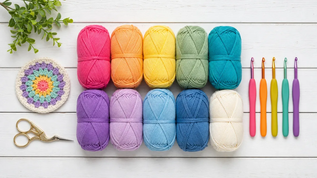 a flat lay of colorful crochet yarn skeins and hooks arranged neatly…