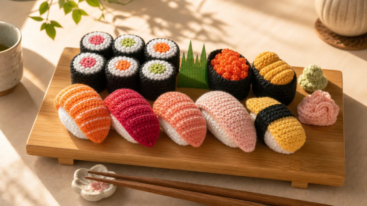 a beautifully arranged crochet sushi set displayed on a bamboo serving board…