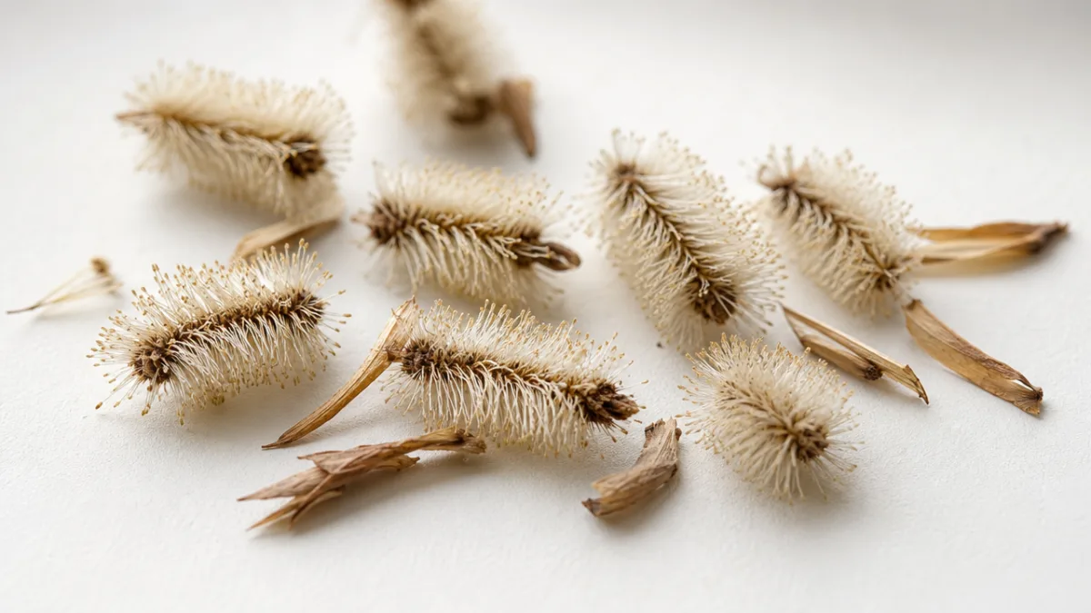 a close-up of tiny bottlebrush seeds on a white surface with soft…