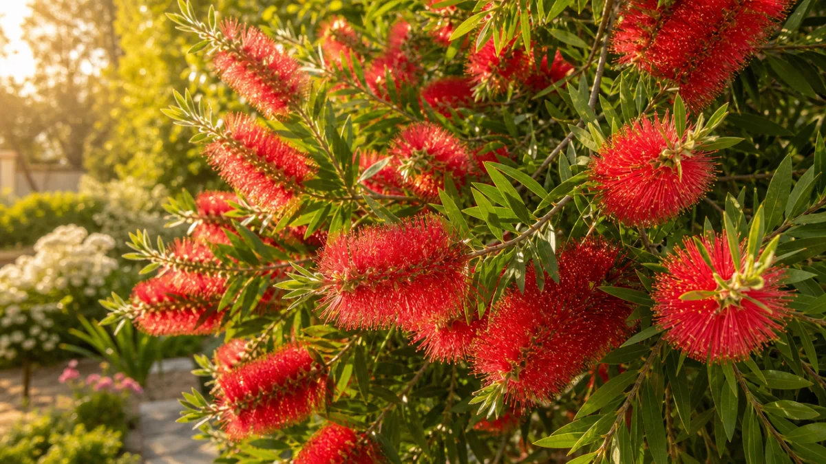 a lush red bottlebrush plant in full bloom outdoors in a sunny…