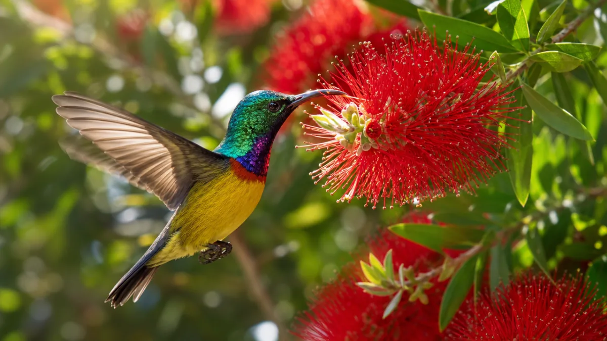 a colorful honeybird feeding on bright red bottlebrush flowers in dappled morning…