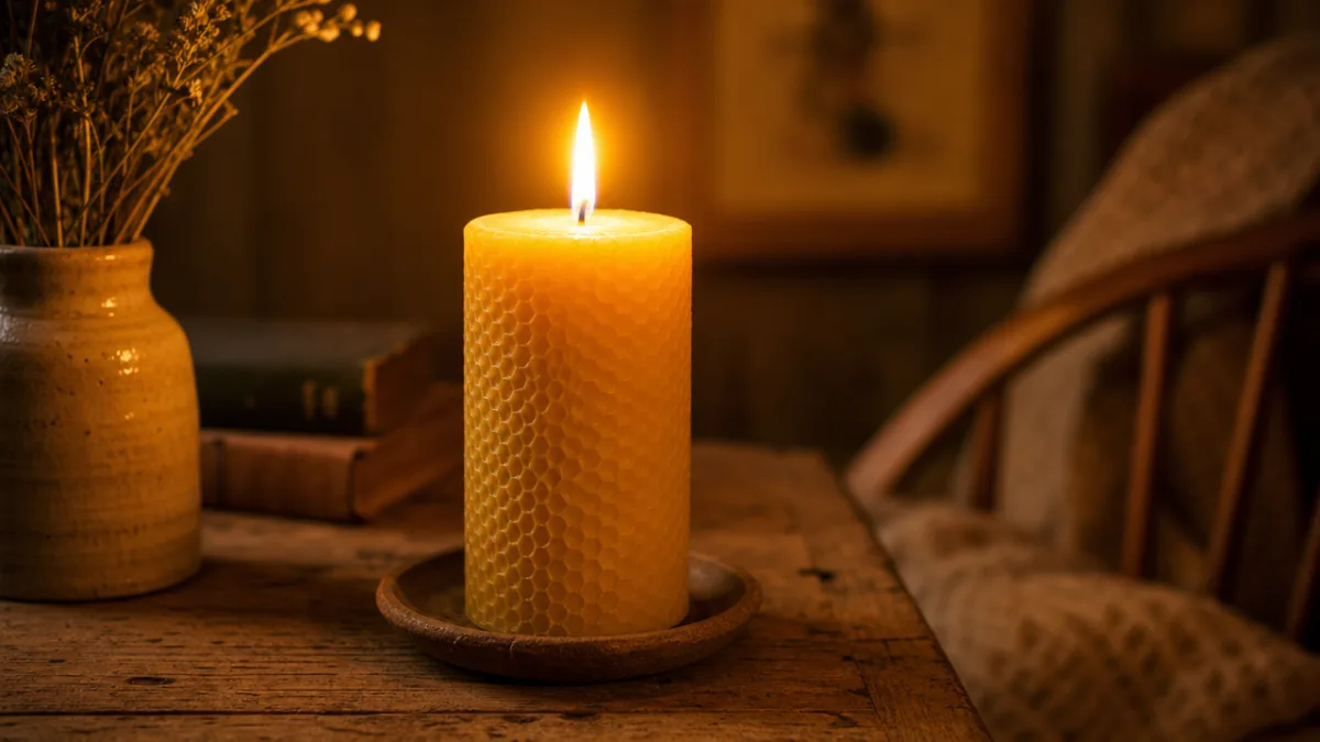 a golden beeswax pillar candle glowing warmly on a rustic wooden table,…
