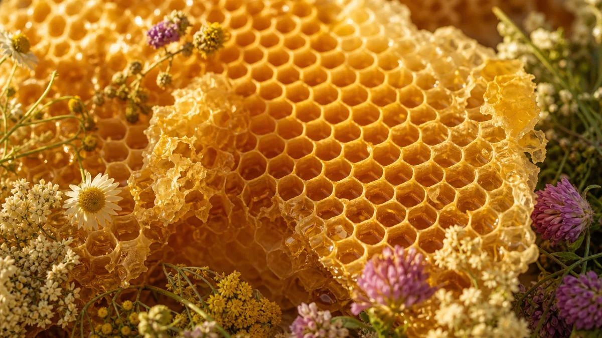 a close-up of honeycomb texture with raw beeswax and wildflowers, warm golden…