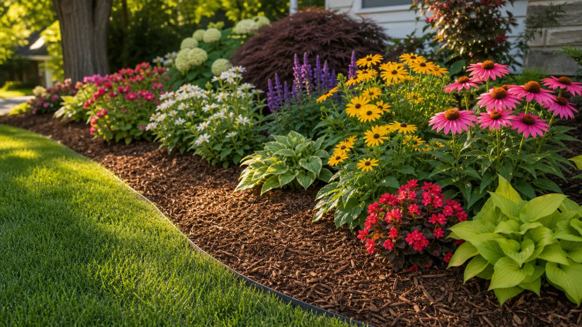 a well-edged garden bed with colorful flowers and fresh wood chip mulch,…