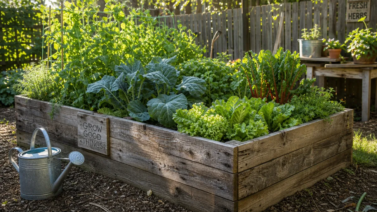 a rustic raised garden bed built from reclaimed wood, filled with lush…