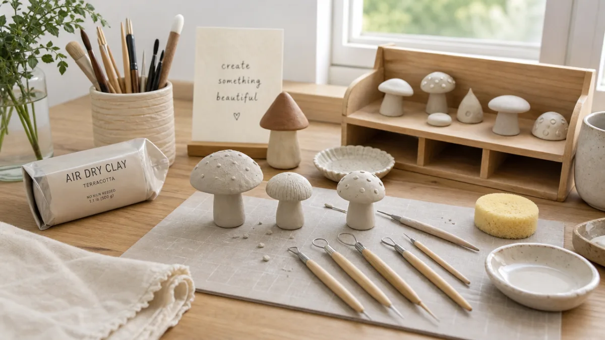 a neatly arranged craft table with air-dry clay tools, mushroom-shaped clay pieces,…