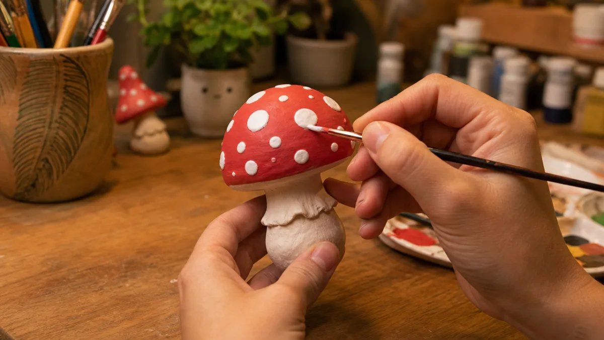 hands carefully painting a white-spotted red mushroom clay sculpture on a wooden…