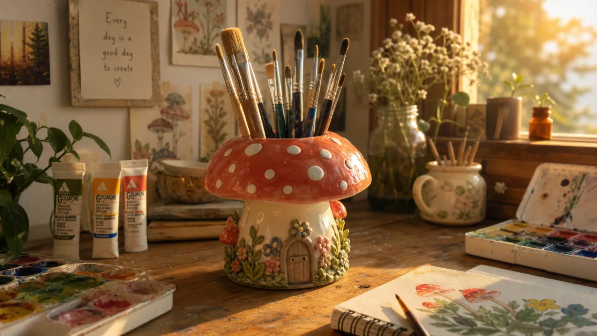 a cozy art desk with a finished mushroom paintbrush holder surrounded by…