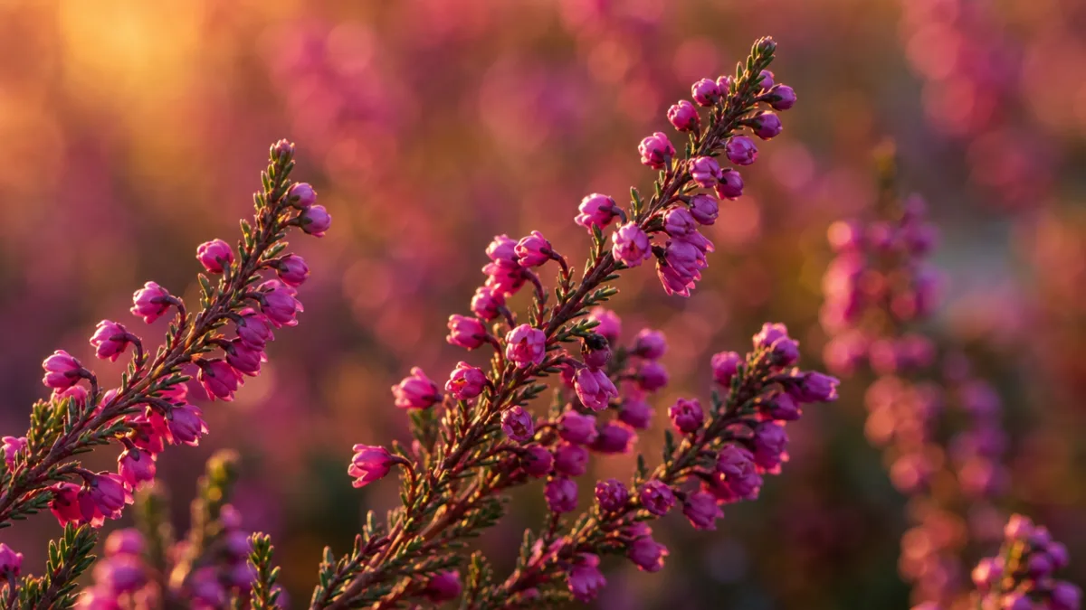 a close-up of bud blooming Calluna heather in warm autumn light, rich…